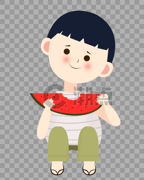 夏至吃西瓜的小男孩蹲坐可爱插画元素手绘图片素材免费下载