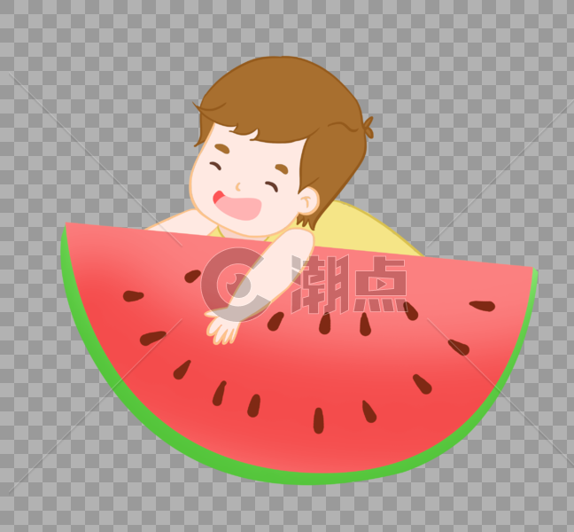 夏至吃西瓜的小男孩抱着西瓜插画元素手绘图片素材免费下载