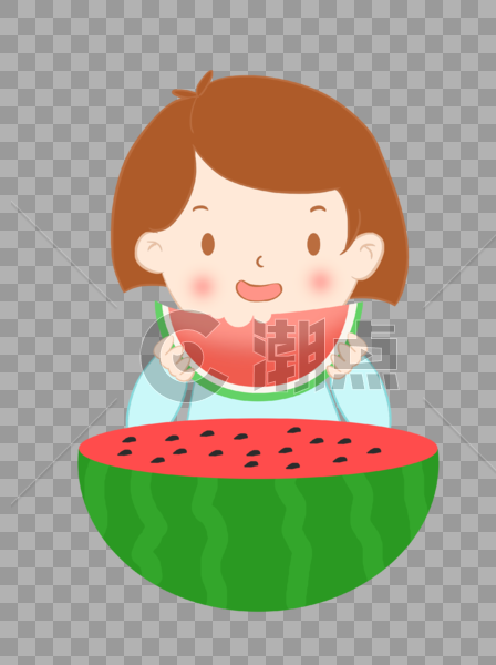 夏至吃西瓜的小女孩大西瓜半个西瓜插画元素手绘图片素材免费下载