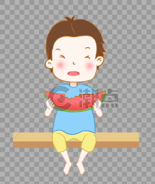 夏至吃西瓜的小男孩盘抱着西瓜插画元素手绘图片素材免费下载