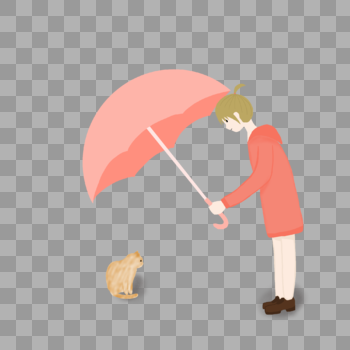 给小猫撑伞的女孩图片素材免费下载