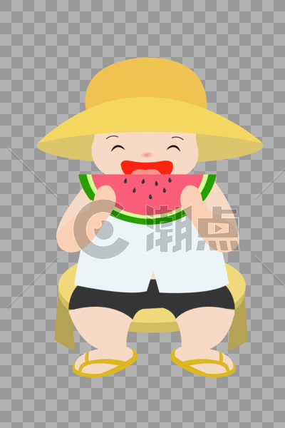 夏至吃西瓜的小男孩半个西瓜戴帽子插画元素手绘图片素材免费下载