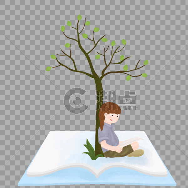 书上的大树和看书的女孩图片素材免费下载