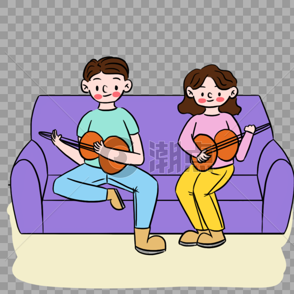 清新卡通情侣弹吉他场景图片素材免费下载