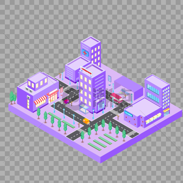 2.5D小清新紫色城市场景插画图片素材免费下载