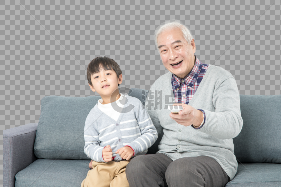 爷孙俩在沙发上看电视图片素材免费下载