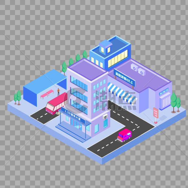 2.5D紫色小清新城市公交站场景插画图片素材免费下载