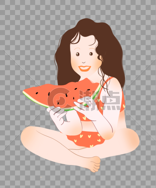夏至吃西瓜的小女孩长发插画元素手绘图片素材免费下载