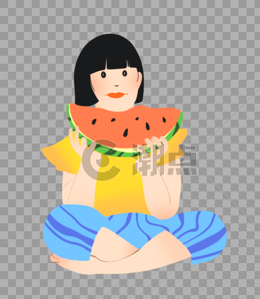 夏至吃西瓜的小女孩短发可爱插画元素手绘图片素材免费下载