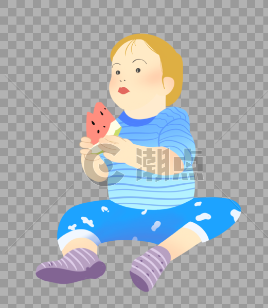 夏至吃西瓜的小男孩抬头插画元素手绘图片素材免费下载