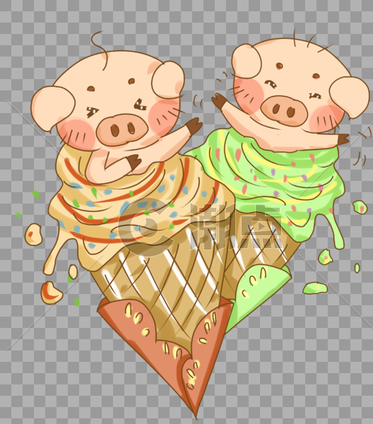 原创手绘夏季冰淇淋与小猪插画PNG图片素材免费下载