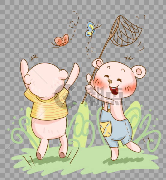 手绘草地捉蝴蝶玩耍的小熊插画PNG图片素材免费下载