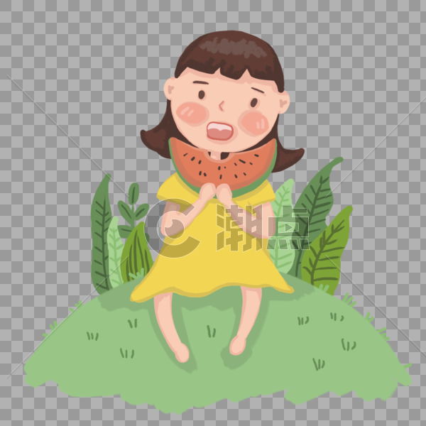 坐在草地上吃西瓜的小女孩图片素材免费下载