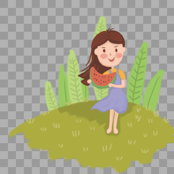 坐在草地上吃西瓜的小女孩图片素材免费下载