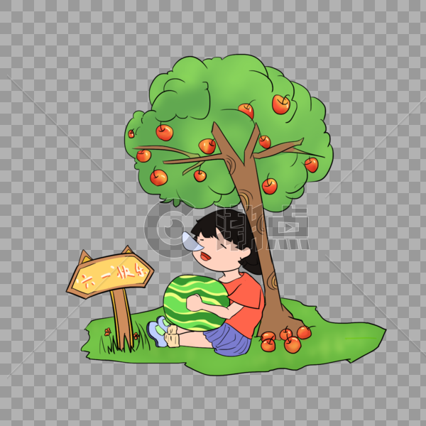 坐在树下抱着西瓜睡觉的男孩图片素材免费下载
