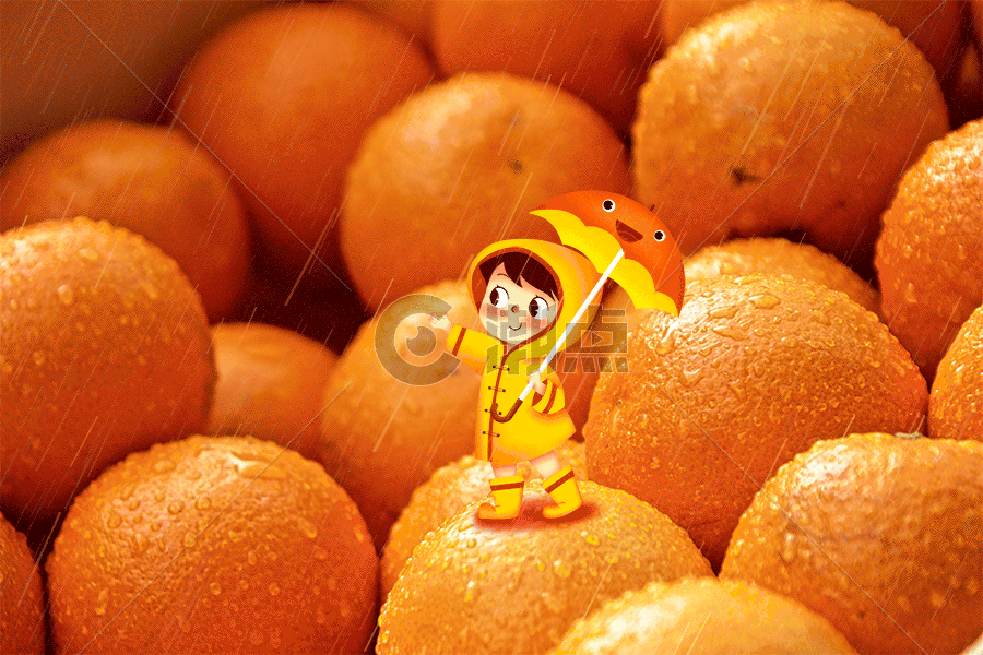 橙子水果下雨天插画gif动图图片素材免费下载