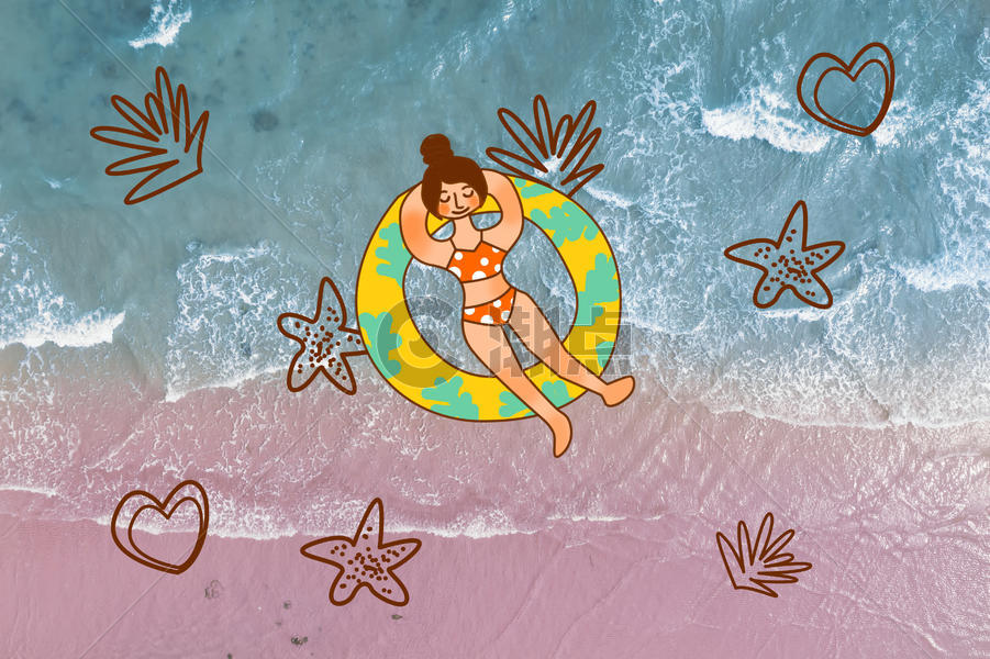 创意插画海边躺在游泳圈上的女孩图片素材免费下载