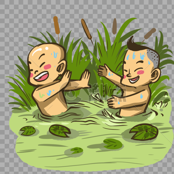 荷塘中玩水的男孩图片素材免费下载