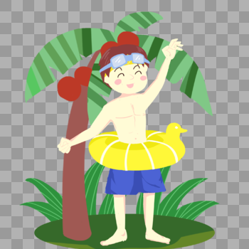 椰树下戴着游泳圈的男孩图片素材免费下载