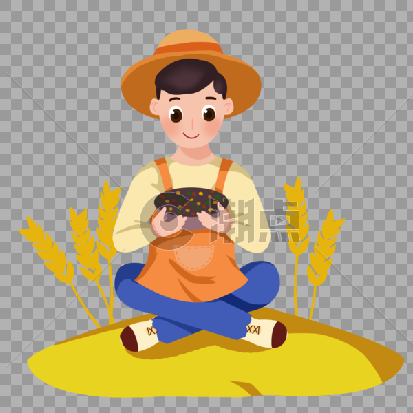 卡通手绘田野小麦丰收和开心的男孩图片素材免费下载