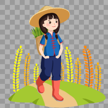 卡通手绘女孩背着草篮走在乡间小路上图片素材免费下载