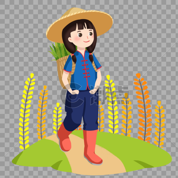 卡通手绘女孩背着草篮走在乡间小路上图片素材免费下载