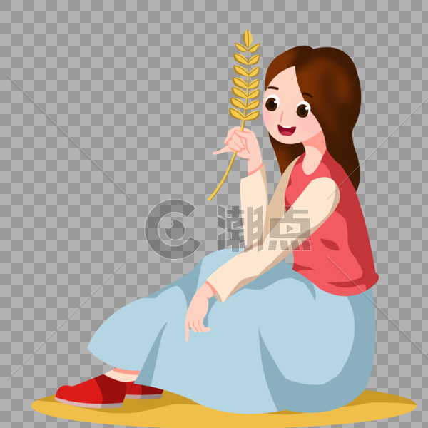 卡通手绘女孩拿着小麦开心坐在田野里图片素材免费下载