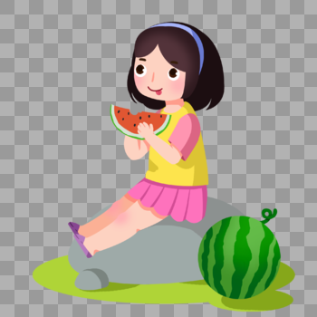 卡通手绘女孩坐在石头上开心吃西瓜图片素材免费下载