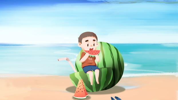 夏天吃西瓜的男孩插画图片素材免费下载
