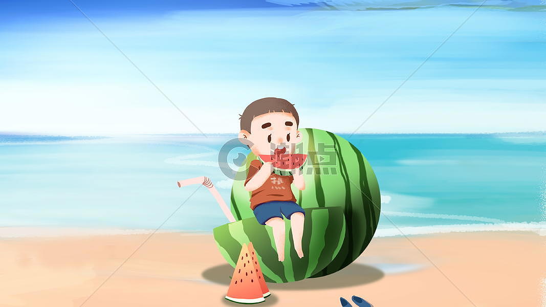 夏天吃西瓜的男孩插画图片素材免费下载