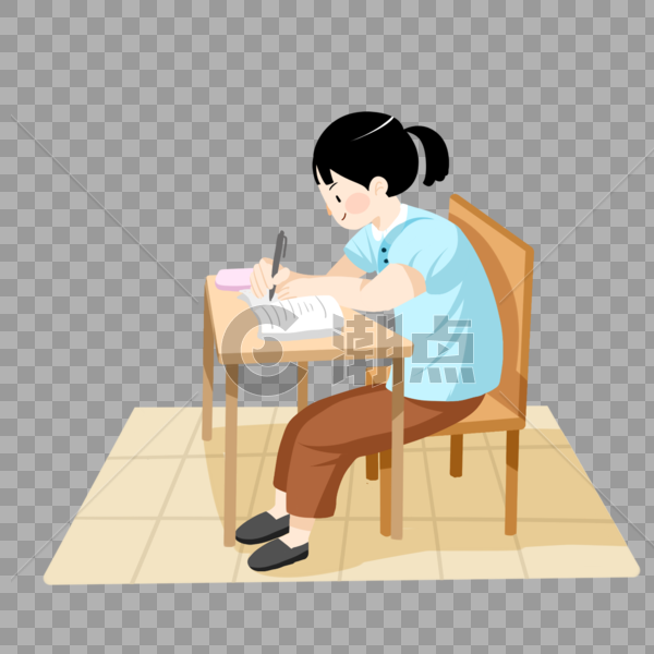 卡通手绘女孩坐在书桌前努力学习图片素材免费下载