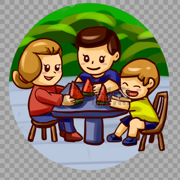 坐着吃西瓜的一家人图片素材免费下载