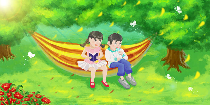 夏天绿荫树下坐吊床的儿童图片素材免费下载