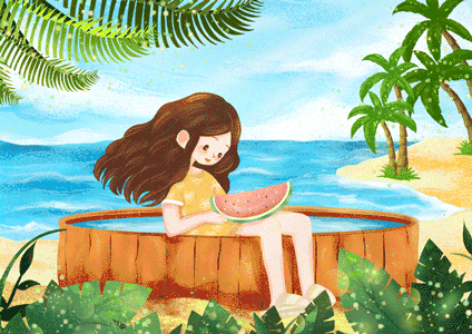 小女孩海滩插画gif动图图片素材免费下载