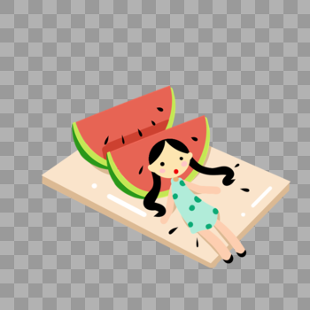 女孩躺在切水果板子和西瓜上图片素材免费下载