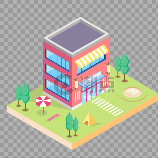 2.5D红色小清新房子建筑插画图片素材免费下载