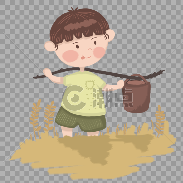 扛着木桶在田里玩耍的小男孩图片素材免费下载