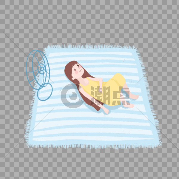 夏日躺在清新蓝色条纹毯子上吹电风扇的小女孩卡通手绘图片素材免费下载