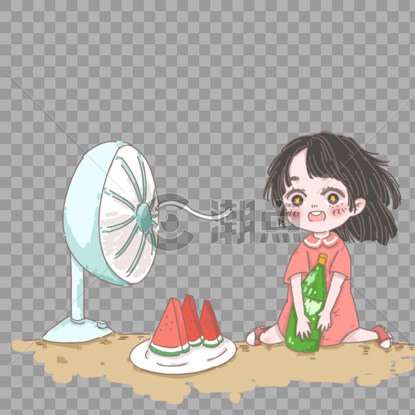 夏天吹风扇吃西瓜的小女孩图片素材免费下载