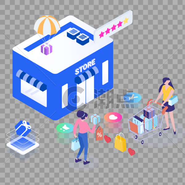 逛商店购物2.5D商业插画轴测图免抠素材图片素材免费下载