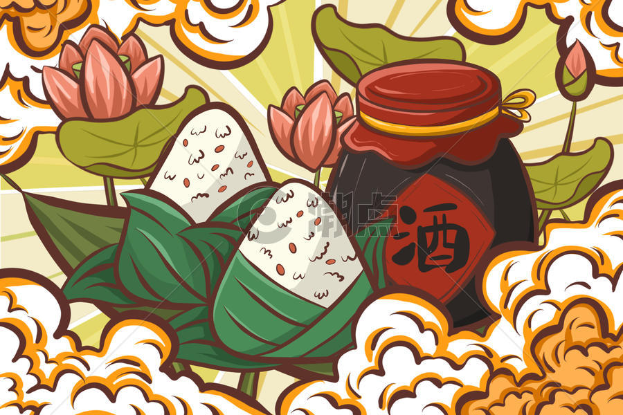端午节国潮风雄黄酒粽子卡通Q版插画图片素材免费下载