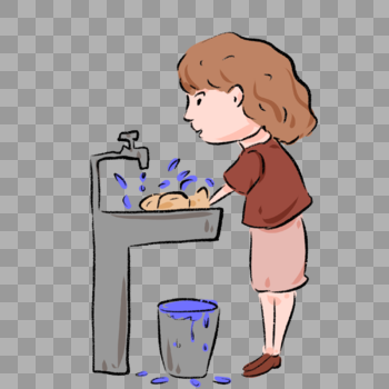 手绘女生洗菜漫画元素图片素材免费下载