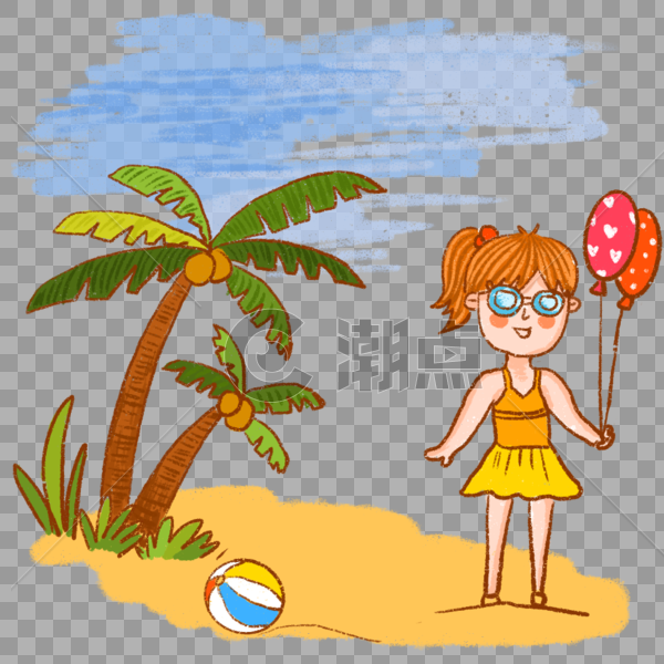 夏天游泳沙滩气球美女椰子树海边图片素材免费下载