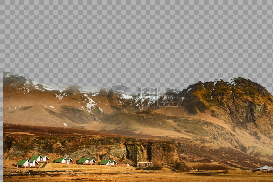 冰岛冰川山脉下的绿色房子图片素材免费下载