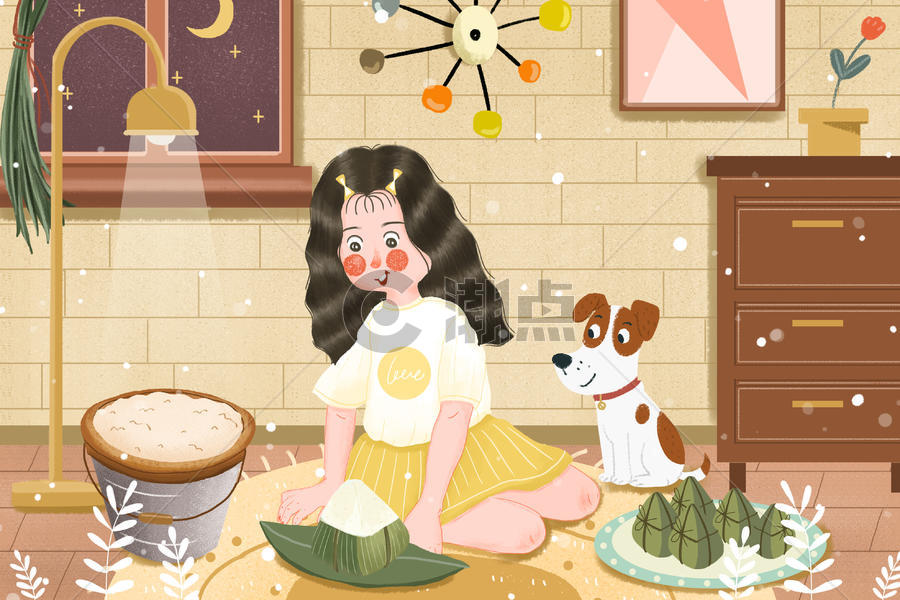 可爱小清新小女孩居家端午包粽子插画图片素材免费下载