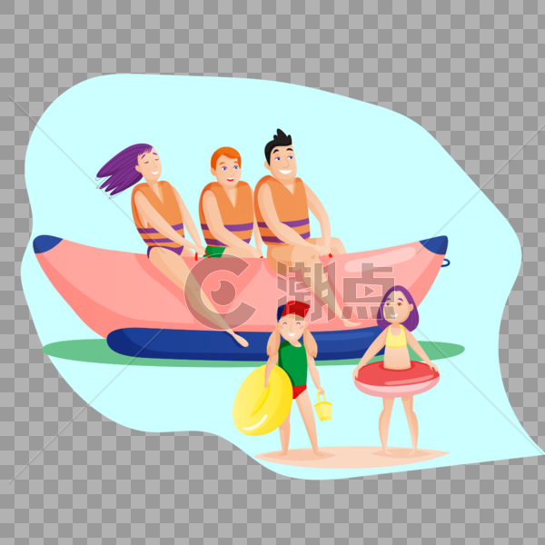一家人在水边坐船玩耍小孩子在游泳圈游泳图片素材免费下载