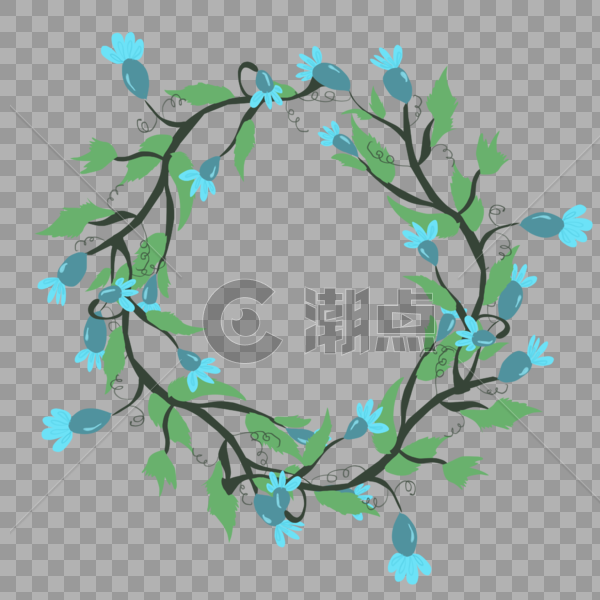 手绘蓝色花环花卉元素图片素材免费下载