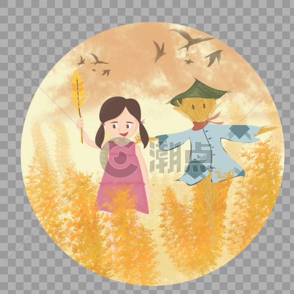 稻田中的女孩和稻草人图片素材免费下载