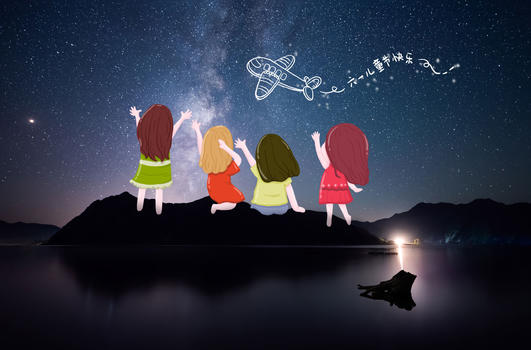 儿童节看夜空的孩子们图片素材免费下载