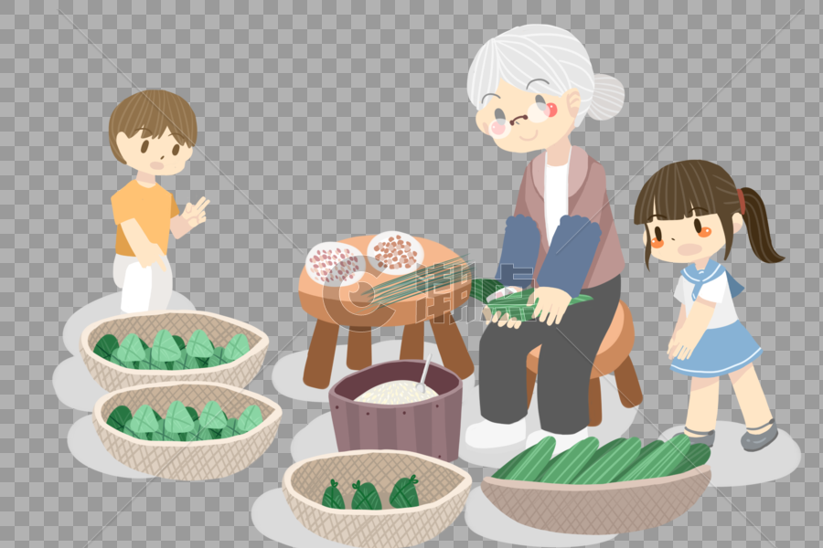 端午节外婆和孙子们包粽子图片素材免费下载